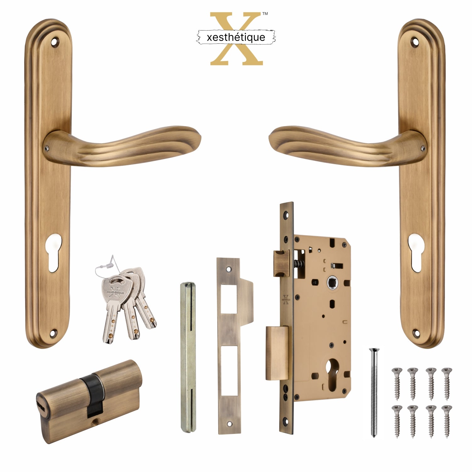 Xesthetique Vintage Brass Mortise Door Lock Set – 10" Handle with Secure Both Side Key Cylinder IR36