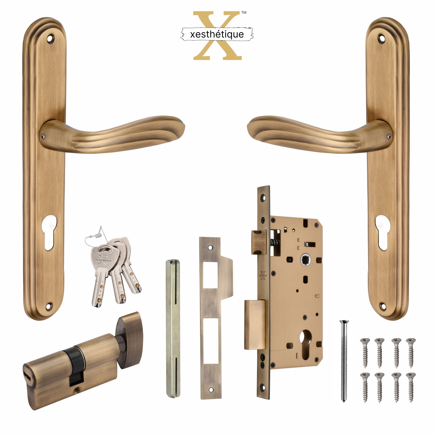 Xesthetique Vintage Brass Mortise Door Lock Set – 10" Handle with Secure One Side Nobe Key Cylinder IR37