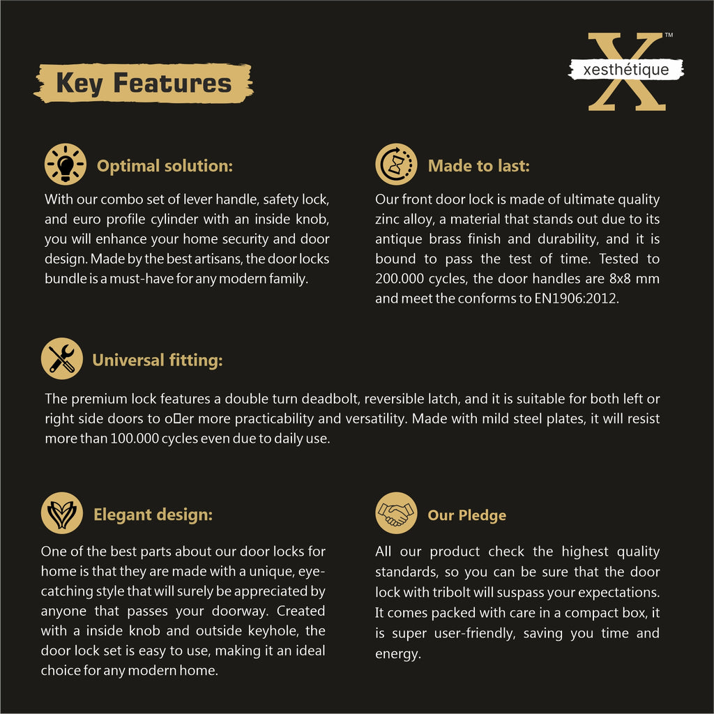 Xesthetique Morden S.S. 304 Mortise Door Lock Set – 8" Handle with Secure KY Lock Regular Key PHILO129