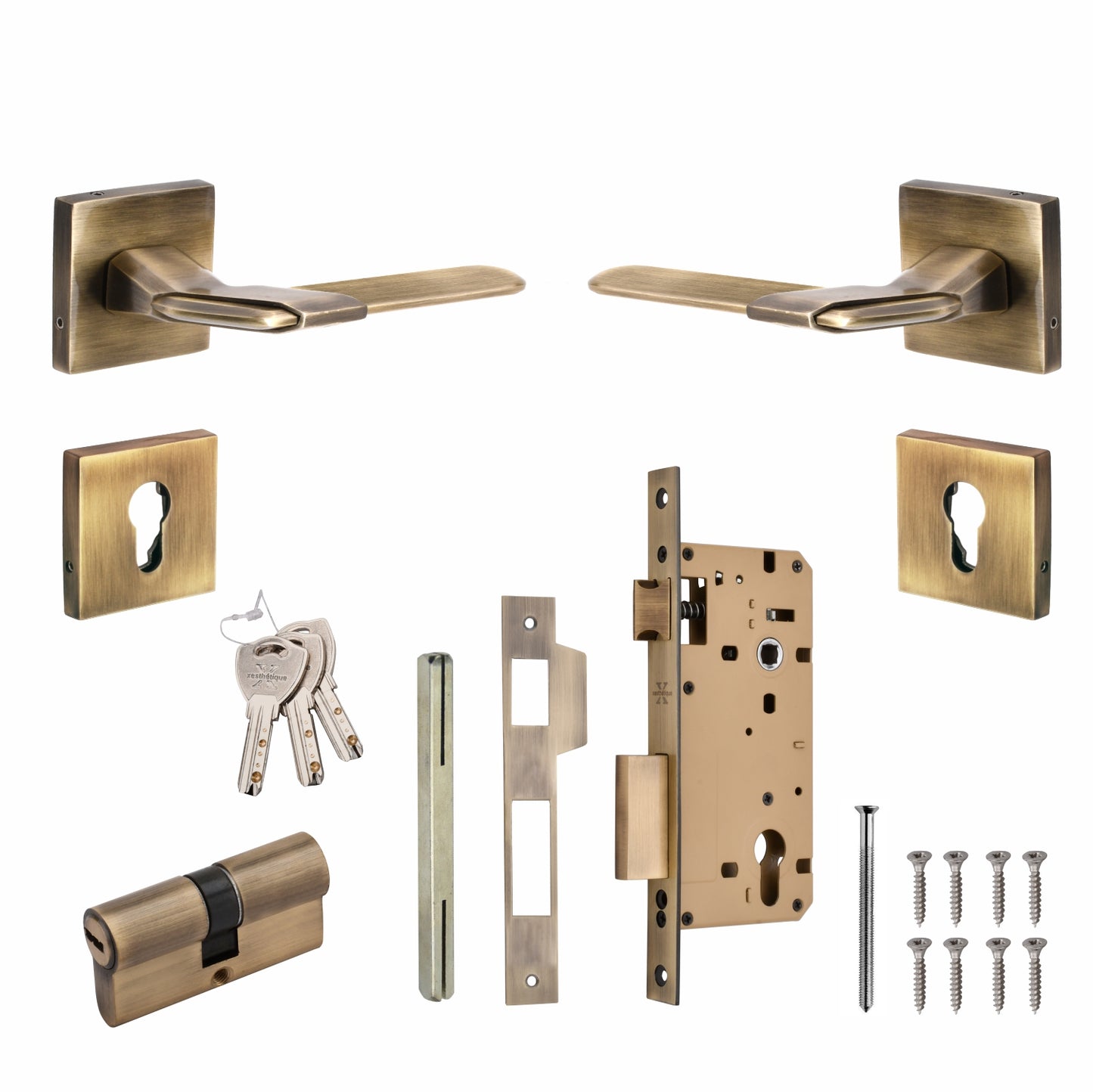 Xesthetique Morden Zinc Rose Door Lock Set – 10" Handle with Secure Both Side Key Cylinder MAR152