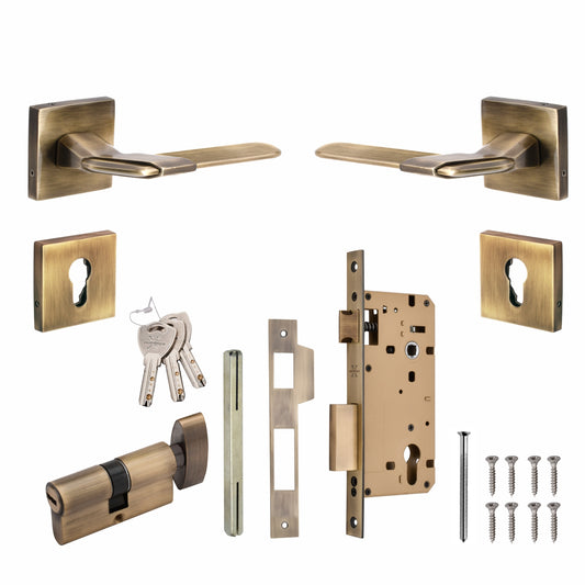Xesthetique Morden Zinc Rose Door Lock Set – 10" Handle with Secure One Side Nobe Key Cylinder MAR153