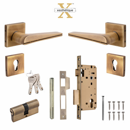 Xesthetique Premium Brass Rose Door Lock Set – 10" Handle with Secure Both Side Key Cylinder ME48