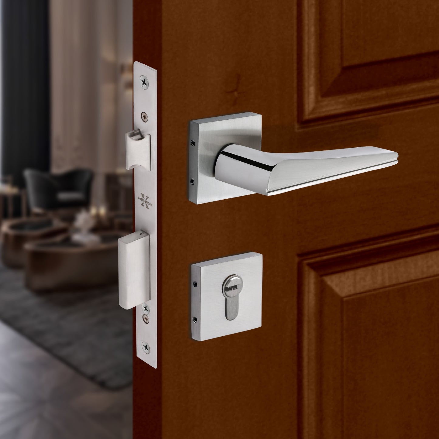 Xesthetique Premium Brass Rose Door Lock Set – 10" Handle with Secure Both Side Key Cylinder ME48