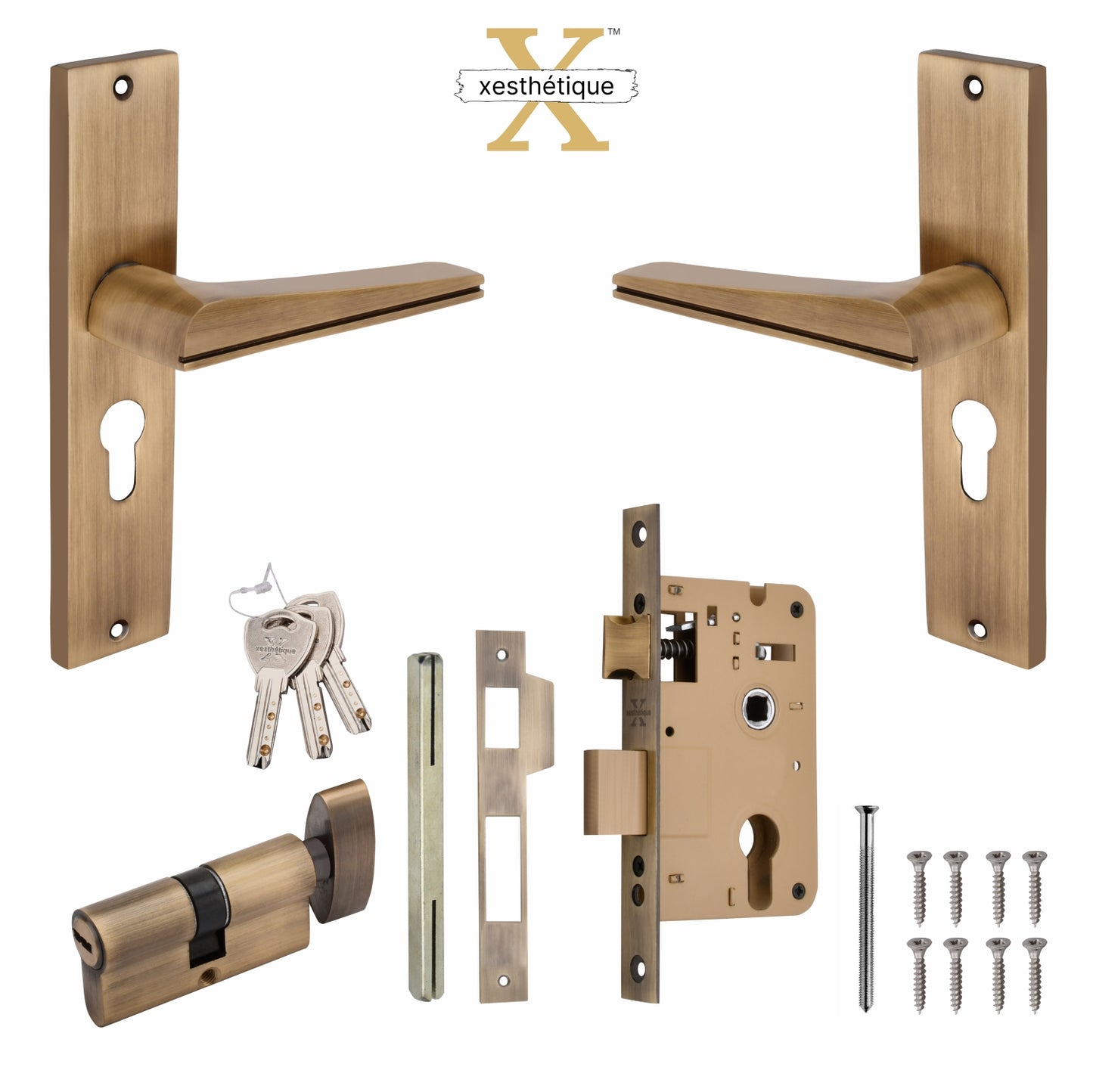 Xesthetique Premium Brass Mortise Door Lock Set – 8" Handle with Secure One Side Nobe Key Cylinder ME41