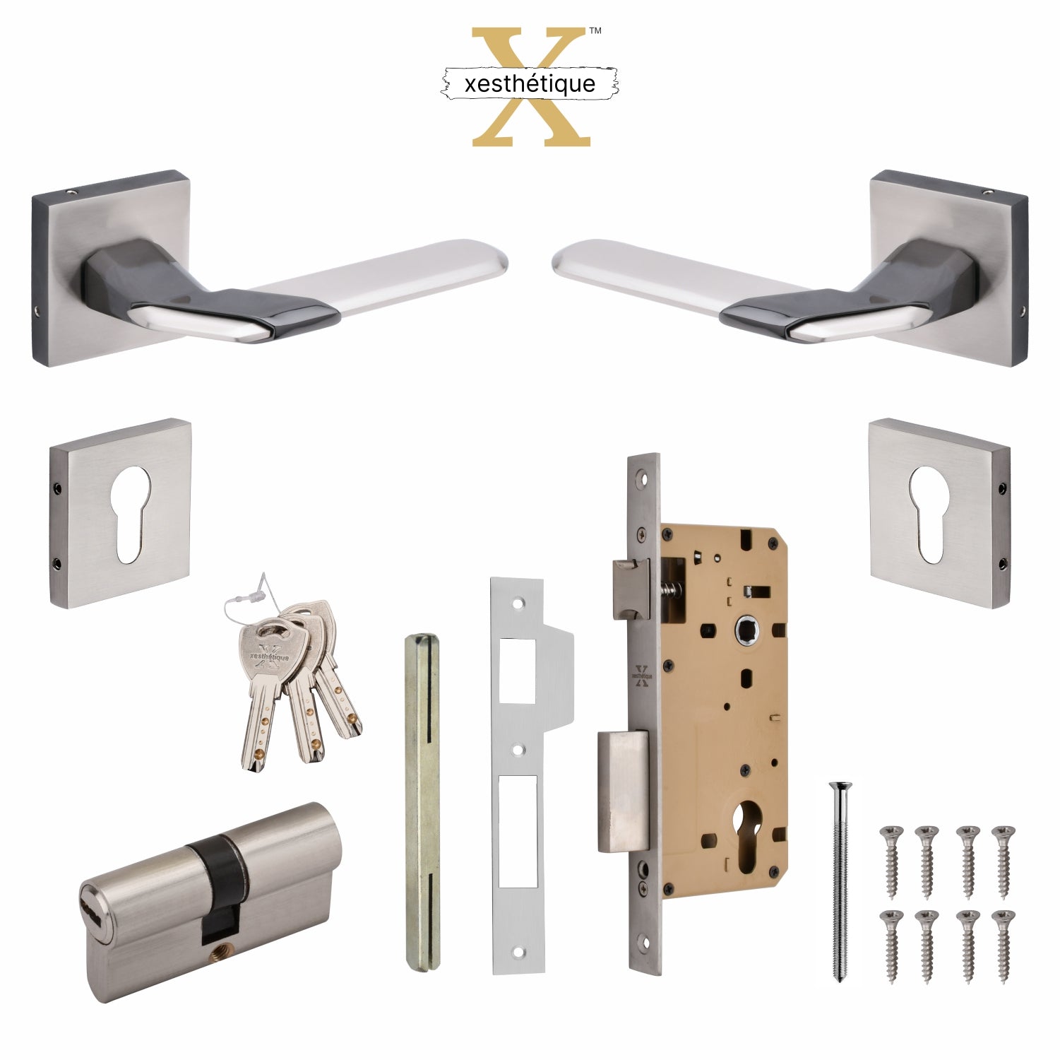 Xesthetique Morden Zinc Rose Door Lock Set – 10" Handle with Secure Both Side Key Cylinder MAR152