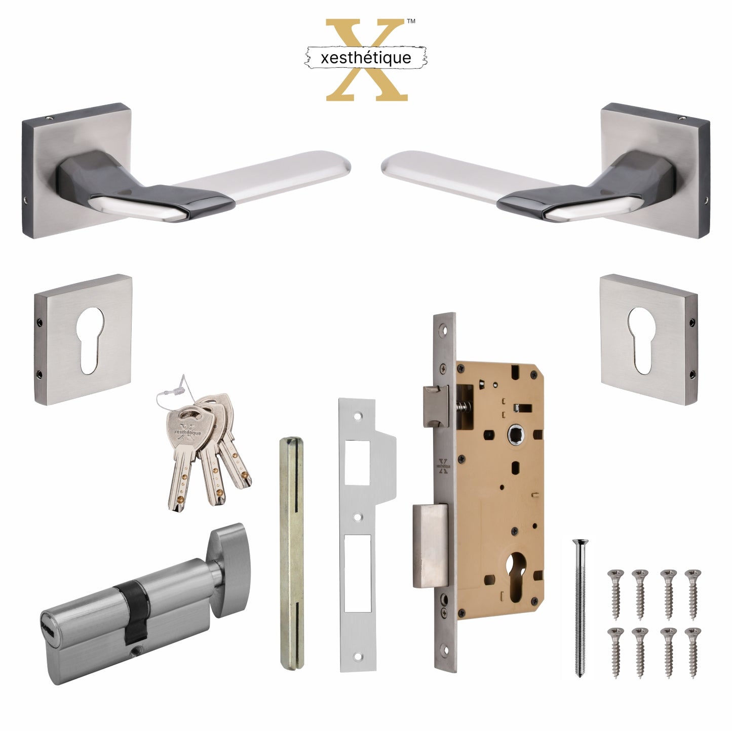 Xesthetique Morden Zinc Rose Door Lock Set – 10" Handle with Secure One Side Nobe Key Cylinder MAR153