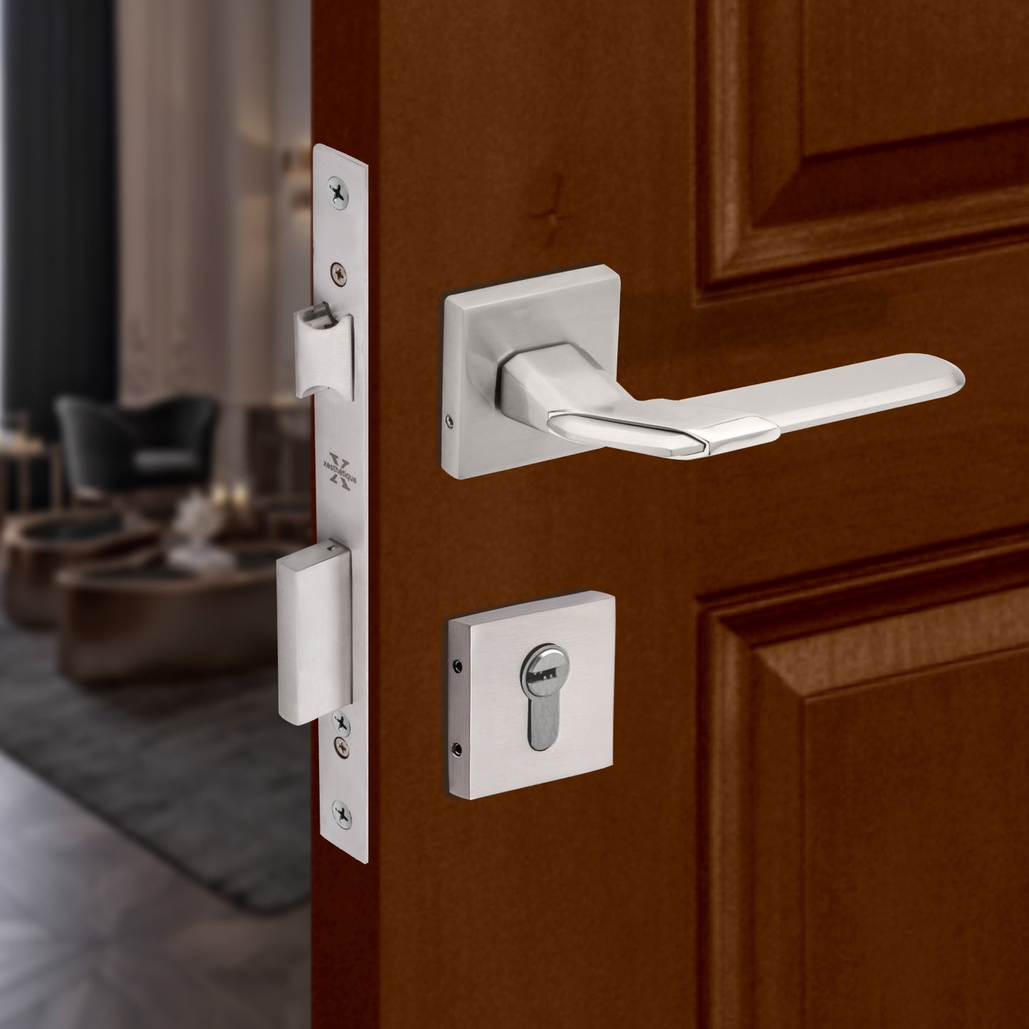 Xesthetique Morden Zinc Rose Door Lock Set – 10" Handle with Secure One Side Nobe Key 70MM/90MM Pin Cylinder MAR159