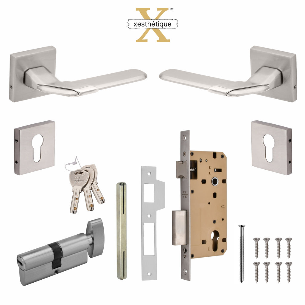 Xesthetique Morden Zinc Rose Door Lock Set – 10" Handle with Secure One Side Nobe Key Cylinder MAR153