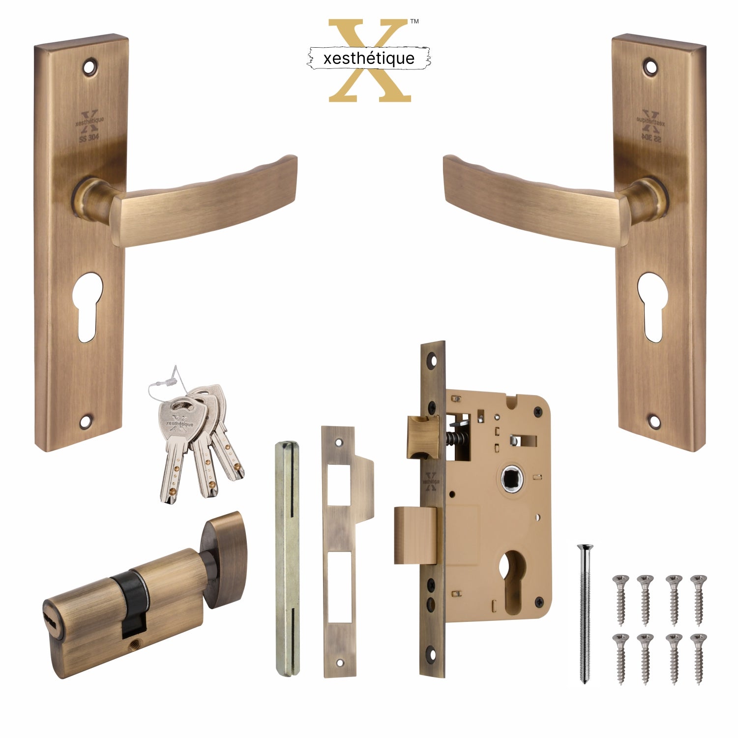 Xesthetique Morden S.S. 304 Mortise Door Lock Set – 8" Handle with Secure One Side Nobe Ultra Key Cylinder MIL93