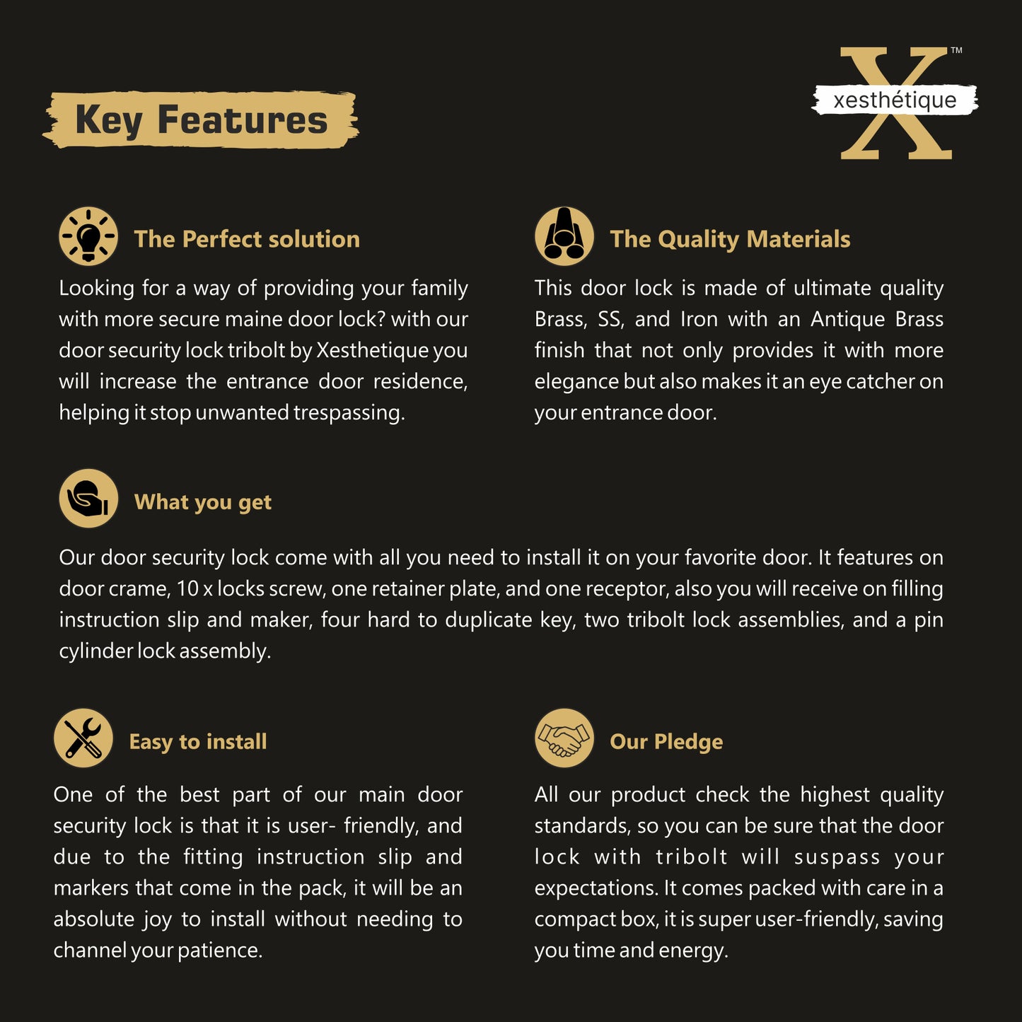 Xesthetique Premium Brass Mortise Door Lock Set – 10" Handle with Secure Both Side Ultra Key/ One Side Nobe Ultra Key Cylinder ALI174
