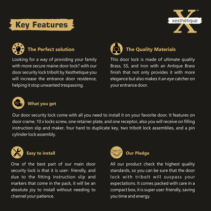 Xesthetique Premium Brass Mortise Door Lock Set – 10" Handle with Secure Both Side Ultra Key/ One Side Nobe Ultra Key Cylinder ALI174