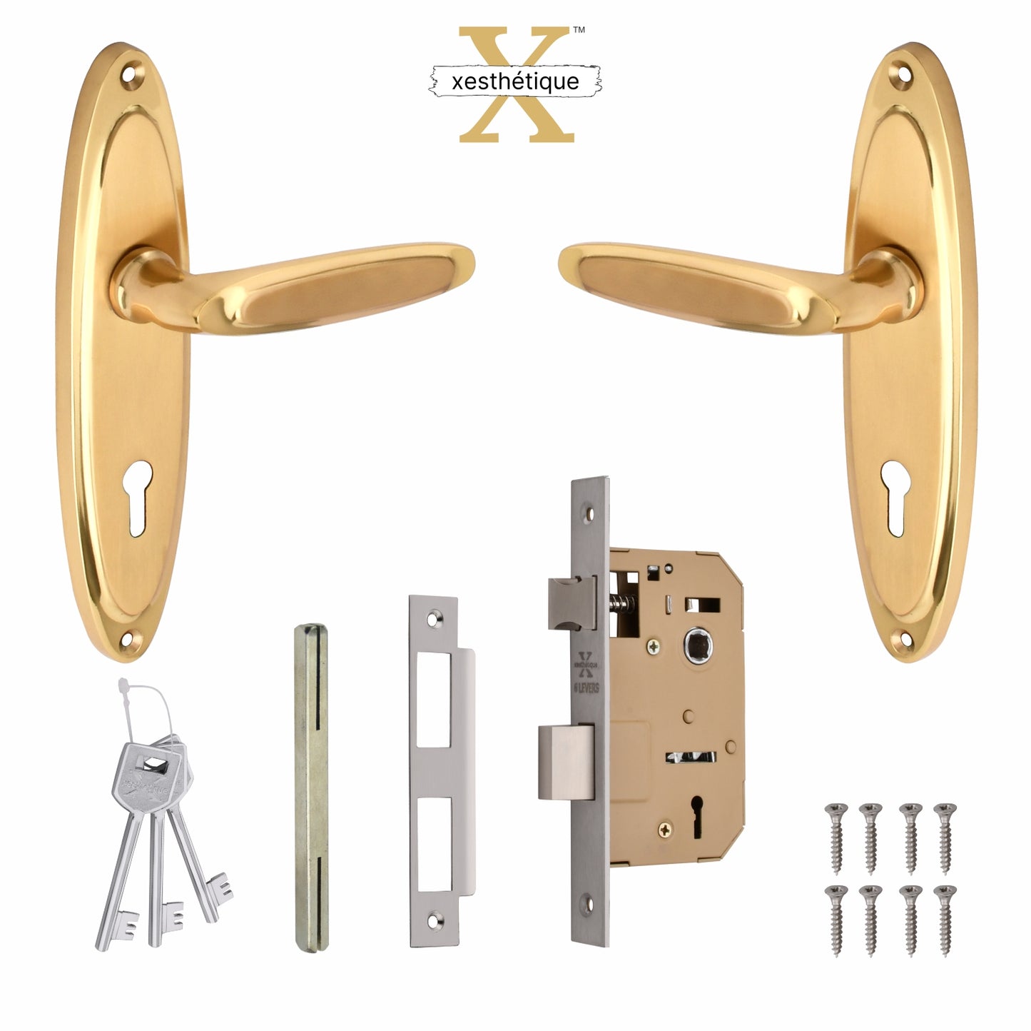 Xesthetique Premium Brass Mortise Door Lock Set – 7" Handle with Secure KY Lock Regular Key OP17