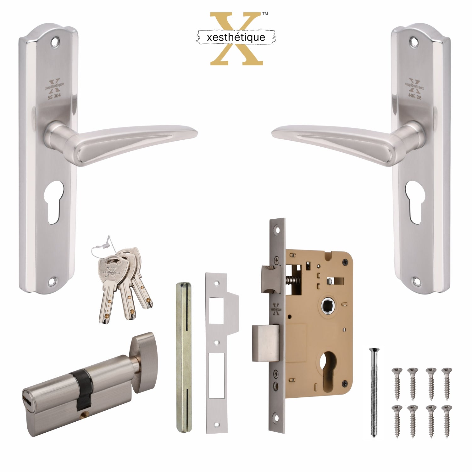 Xesthetique Morden S.S. 304 Mortise Door Lock Set – 8" Handle with Secure One Side Nobe Ultra Key Cylinder PHILO131
