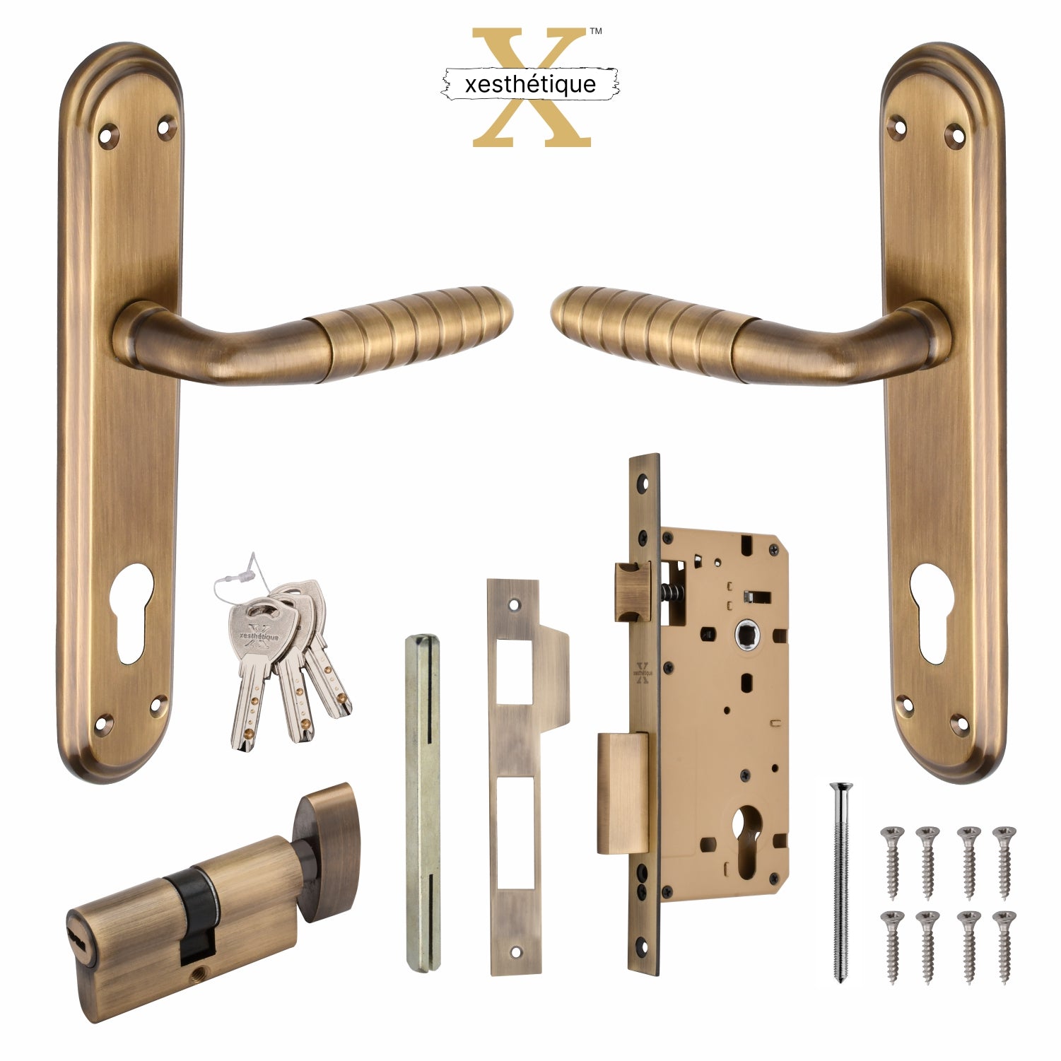 Xesthetique Premium Brass Mortise Door Lock Set – 10" Handle with Secure One Side Nobe Ultra Key Cylinder PR178