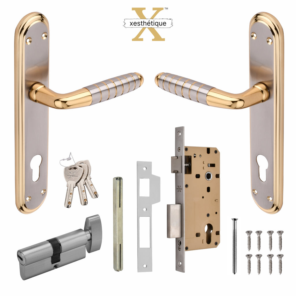 Xesthetique Premium Brass Mortise Door Lock Set – 10" Handle with Secure One Side Nobe Ultra Key Cylinder PR178