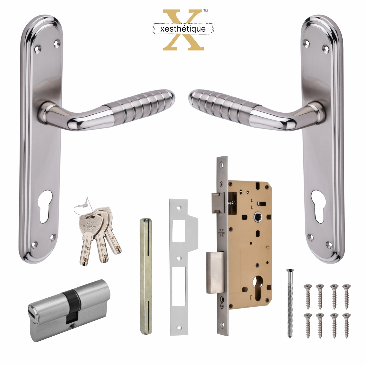 Xesthetique Premium Brass Mortise Door Lock Set – 10" Handle with Secure Both Side Ultra Key Cylinder PR177