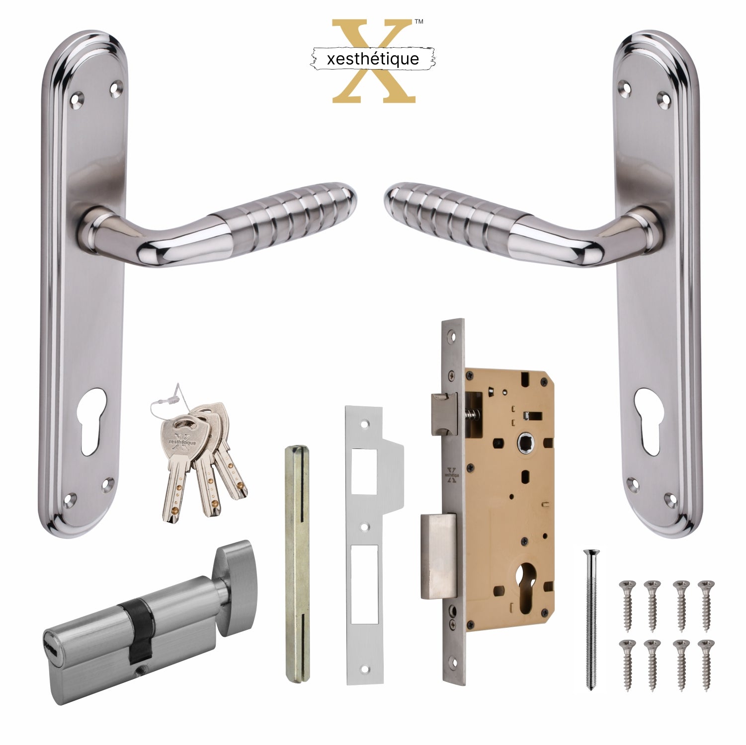 Xesthetique Premium Brass Mortise Door Lock Set – 10" Handle with Secure One Side Nobe Ultra Key Cylinder PR178