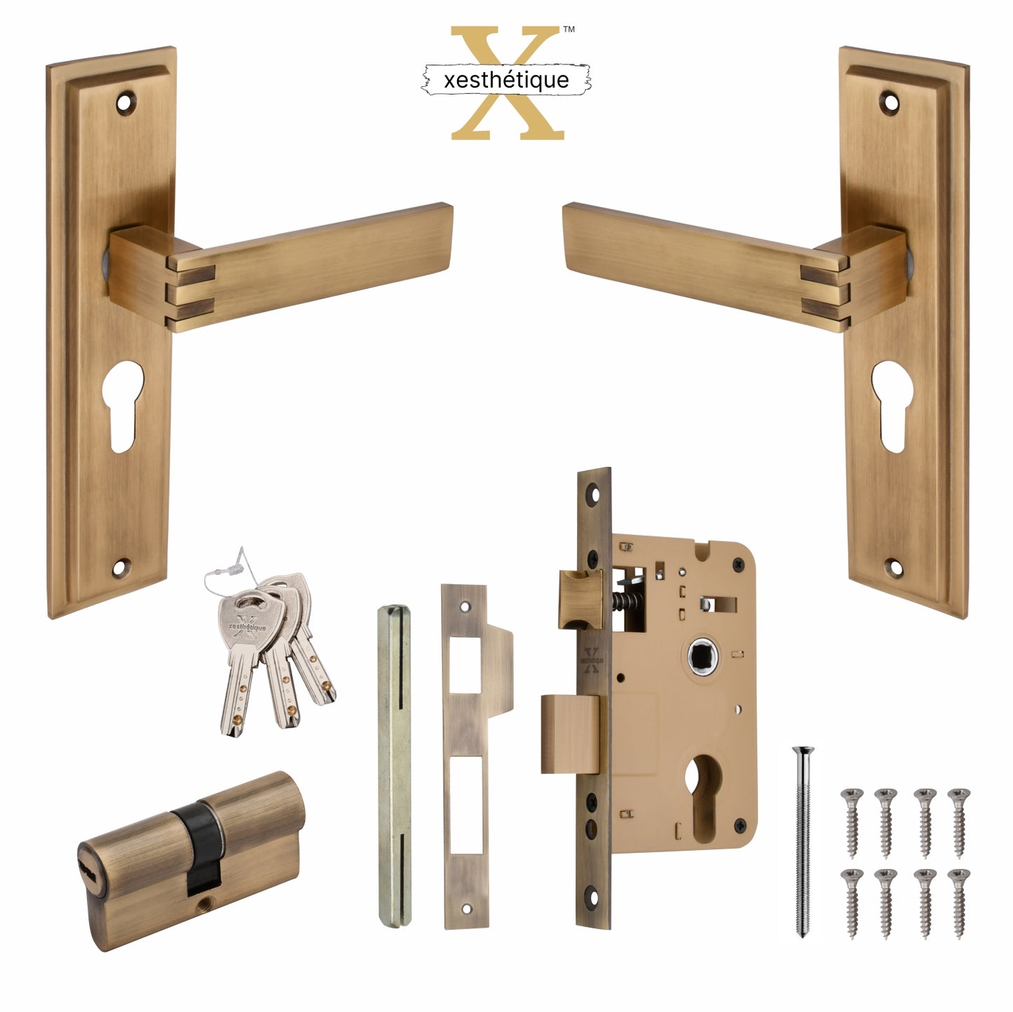 Xesthetique Premium Brass Mortise Door Lock Set – 8" Handle with Secure Both Side Ultra Key/One Side Nobe Ultra Key Cylinder SIL105