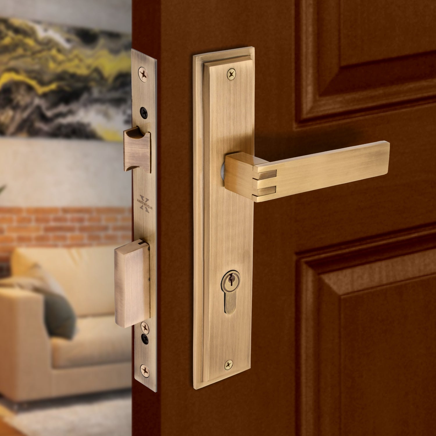 Xesthetique Premium Brass Mortise Door Lock Set – 10" Handle with Secure Both Side Ultra Key 70MM/90MM Pin Cylinder SIL103