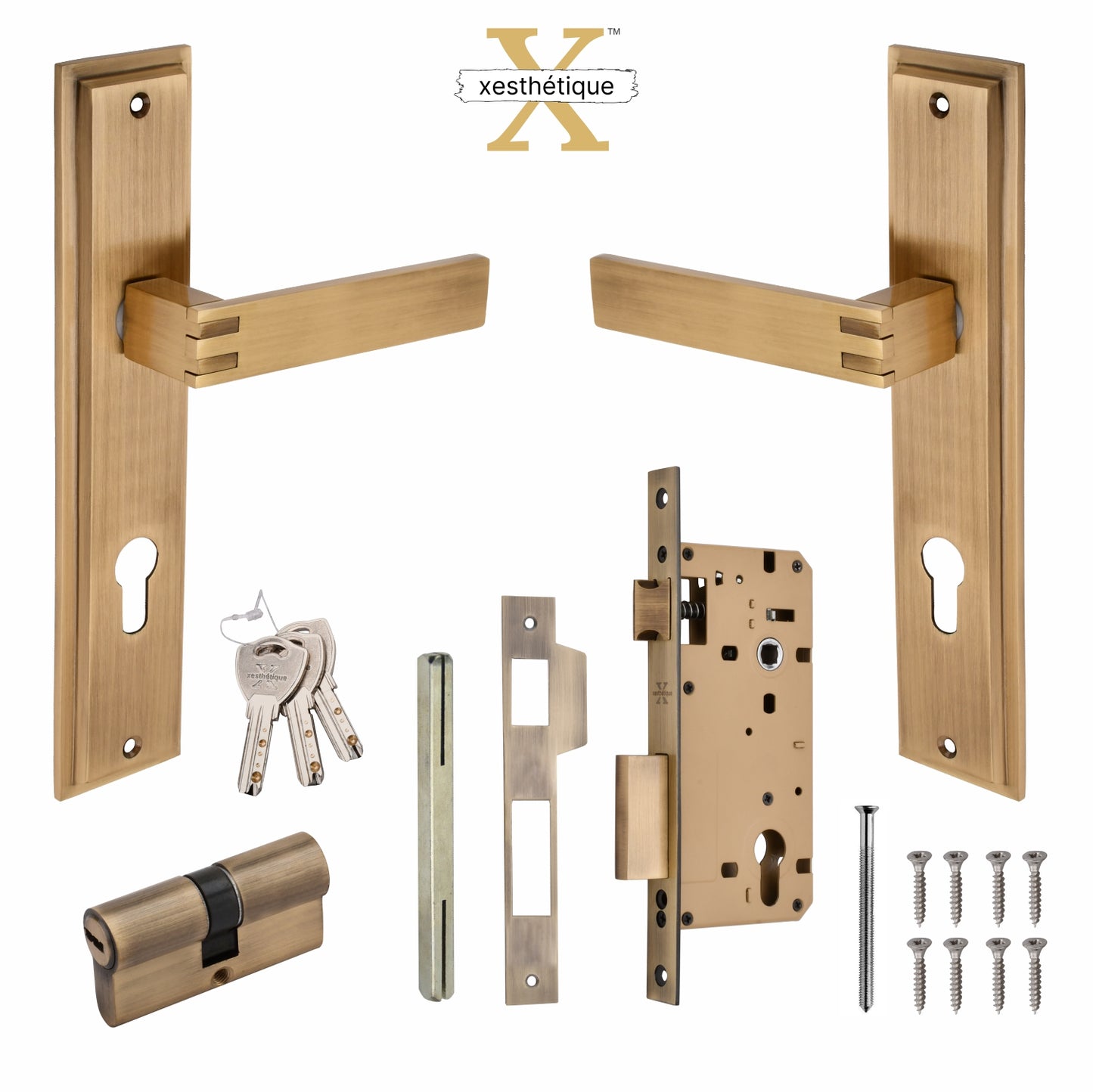 Xesthetique Premium Brass Mortise Door Lock Set – 10" Handle with Secure Both Side Ultra Key/One Side Nobe Ultra Key Cylinder SIL102