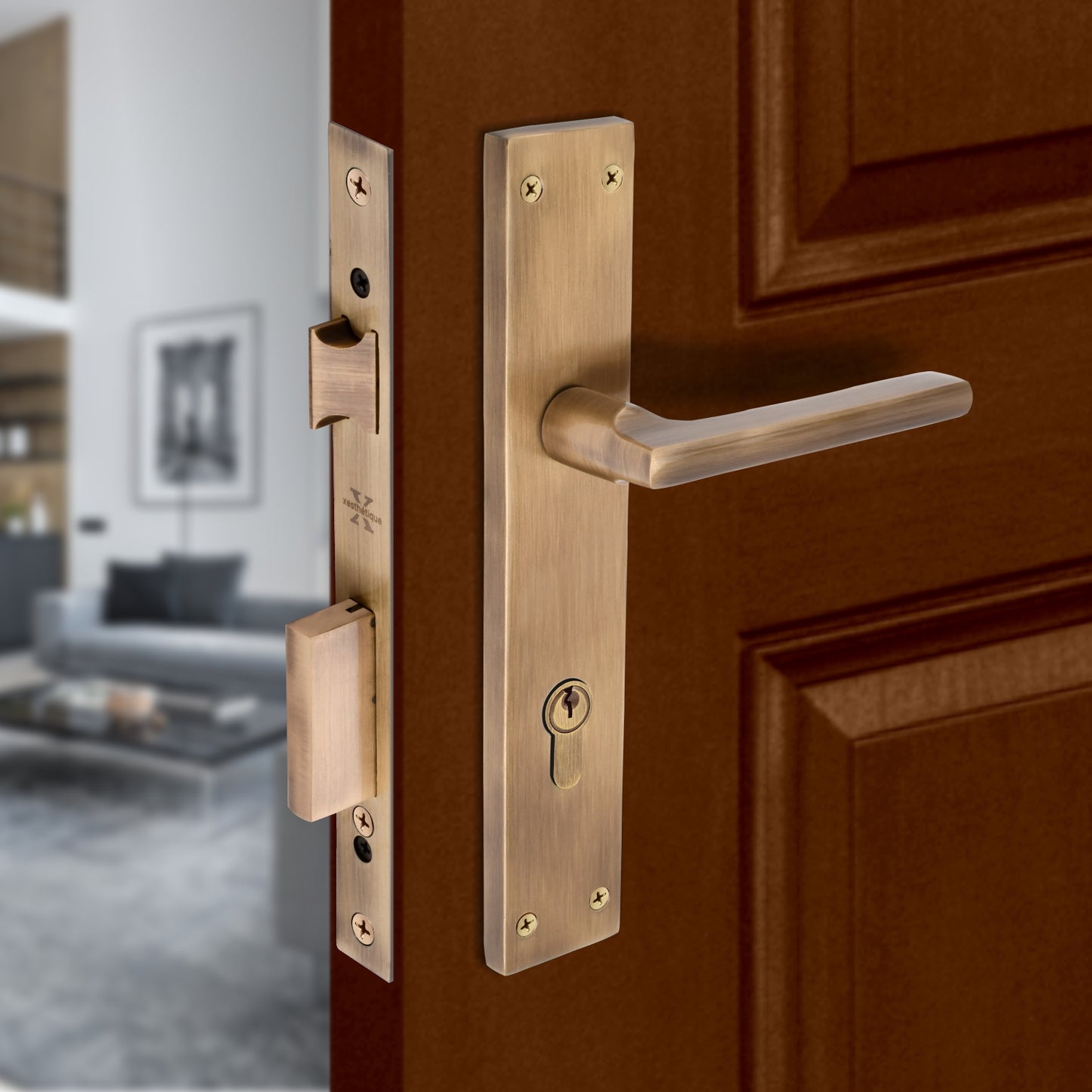 Xesthetique Premium Brass Mortise Door Lock Set – 10" Handle with Secure Both Side Ultra Key 70MM/90MM Pin Cylinder TH165