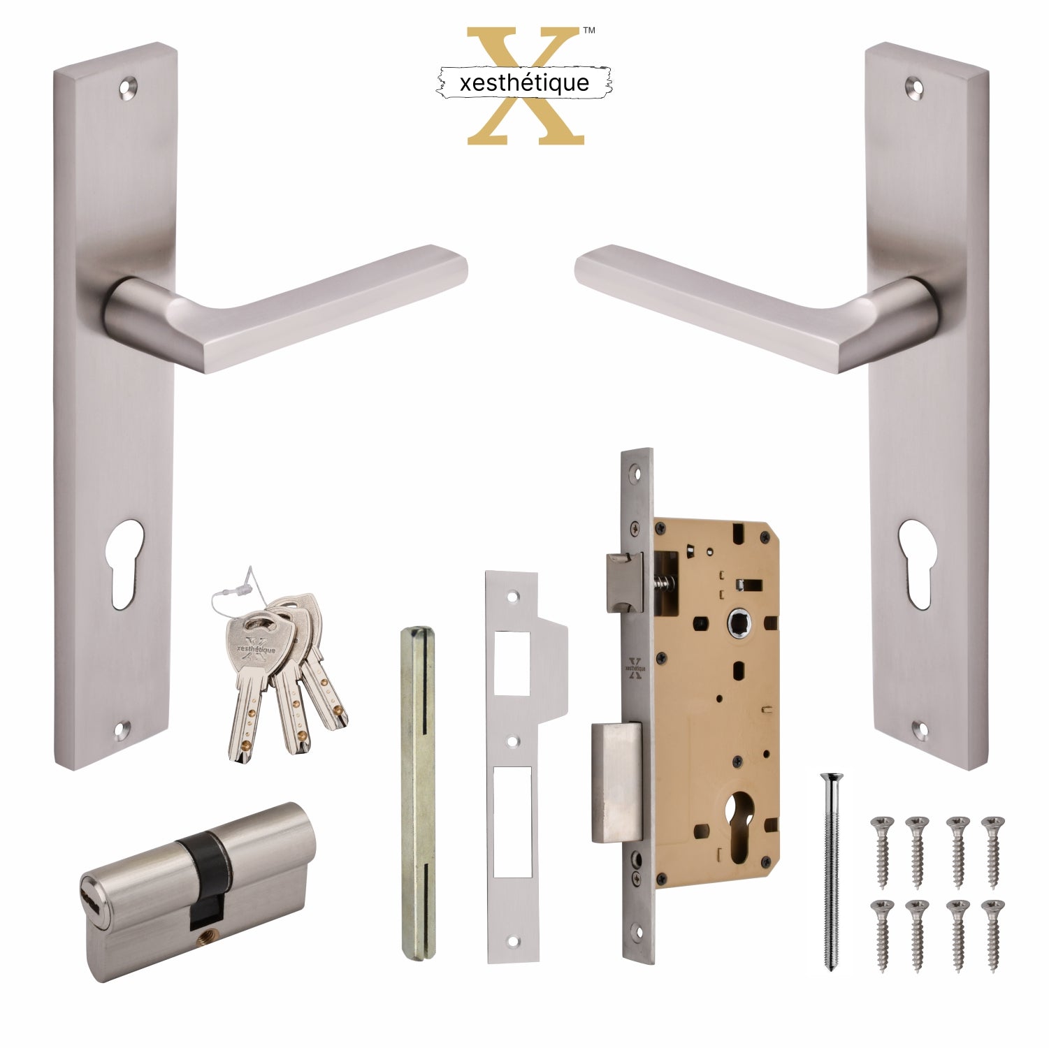 Xesthetique Premium Brass Mortise Door Lock Set – 10" Handle with Secure Both Side Key Cylinder TH04