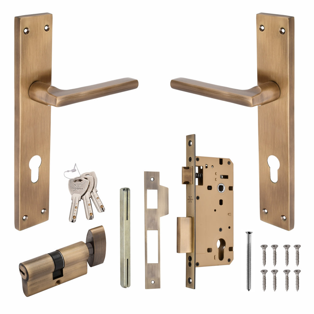 Xesthetique Premium Brass Mortise Door Lock Set – 10" Handle with Secure One Side Nobe Key Cylinder TH03