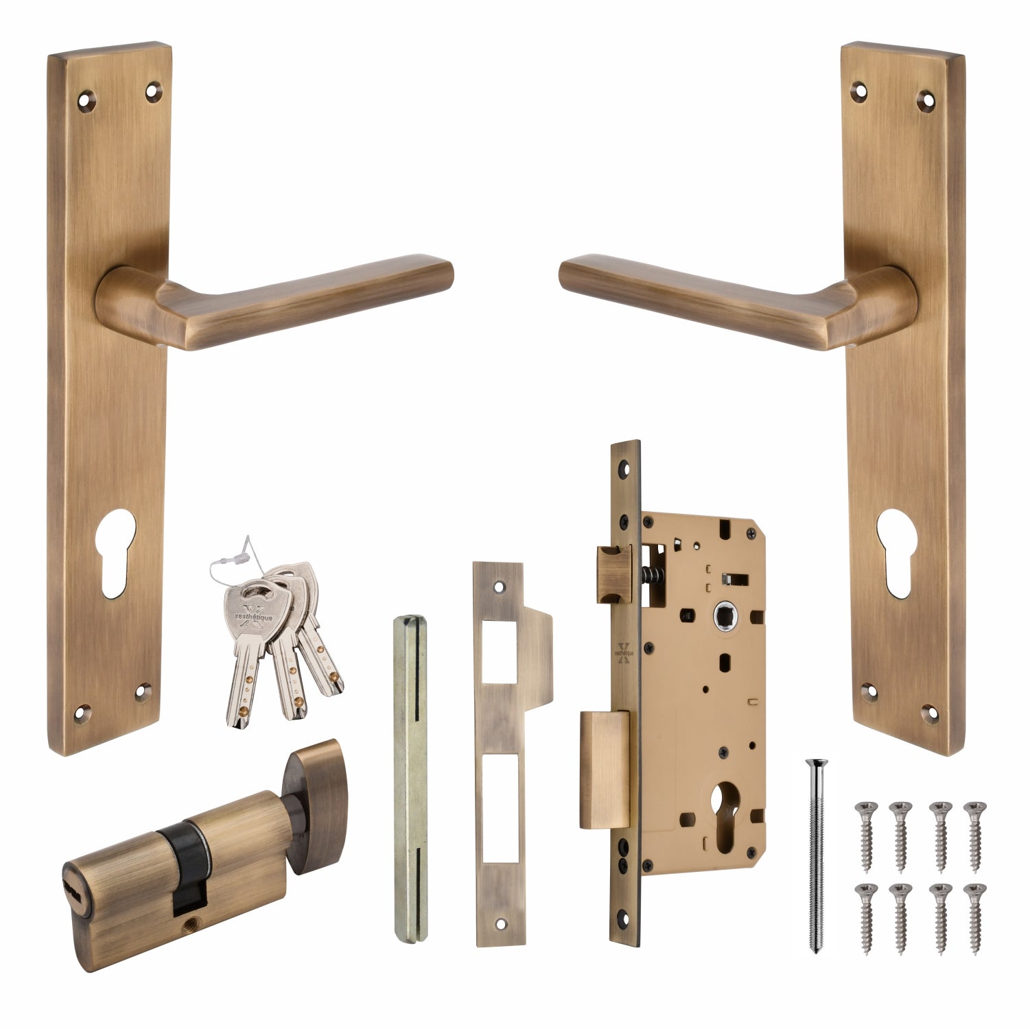 Xesthetique Premium Brass Mortise Door Lock Set – 10" Handle with Secure One Side Nobe Key Cylinder TH03