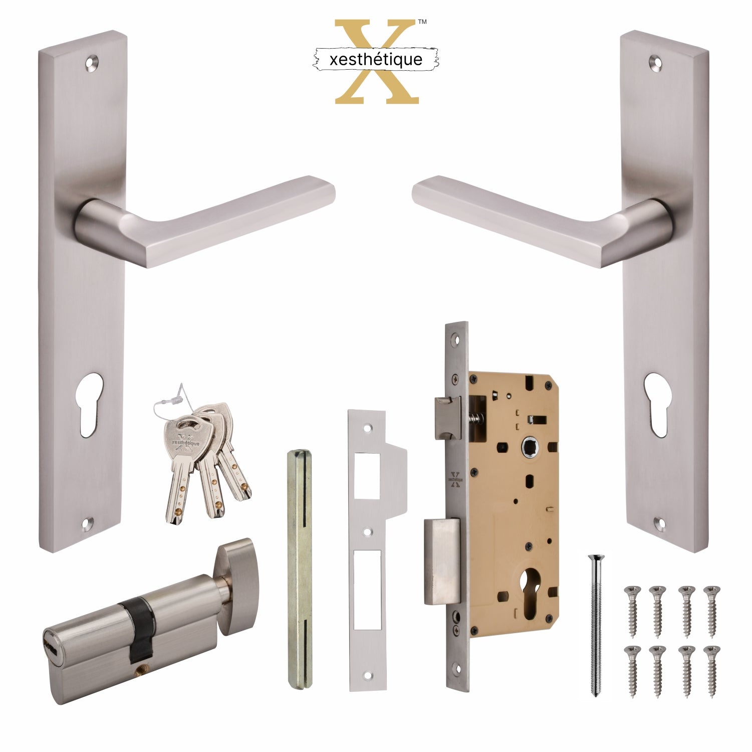 Xesthetique Premium Brass Mortise Door Lock Set – 10" Handle with Secure One Side Nobe Key Cylinder TH03