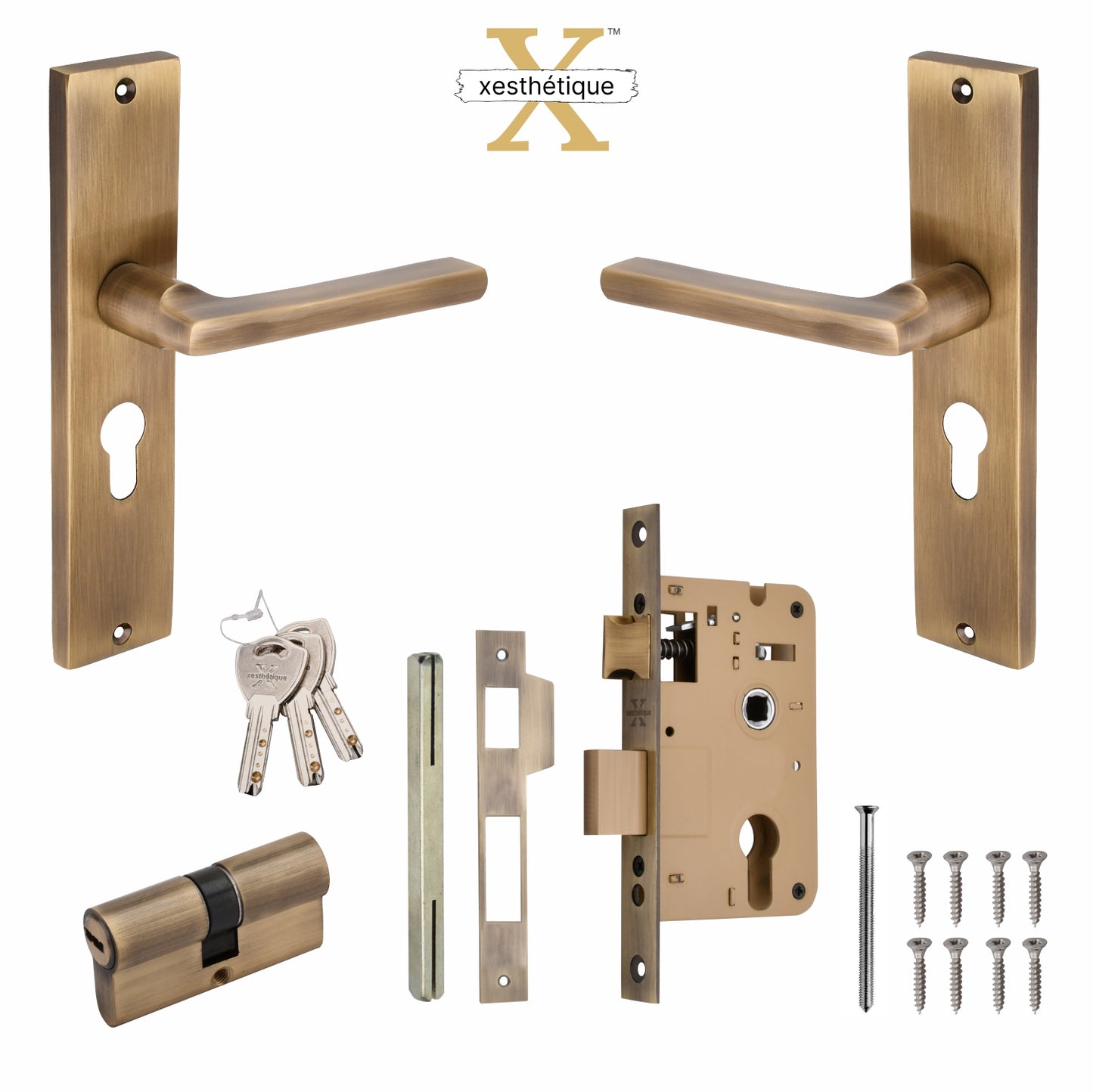 Xesthetique Premium Brass Mortise Door Lock Set – 8" Handle with Secure Both Side Key Cylinder TH01