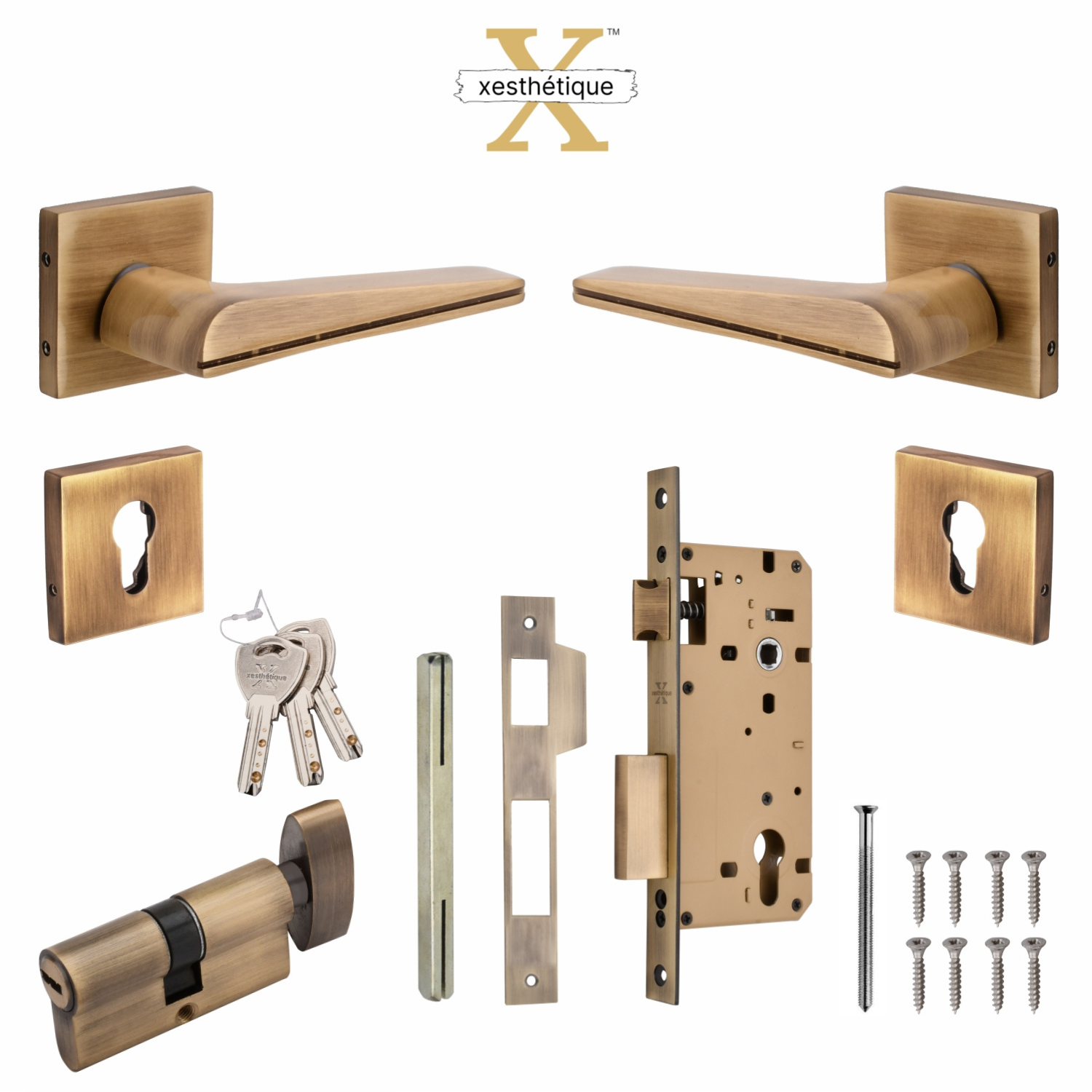 Xesthetique Premium Brass Rose Door Lock Set – 10" Handle with Secure One Side Key Cylinder ME49