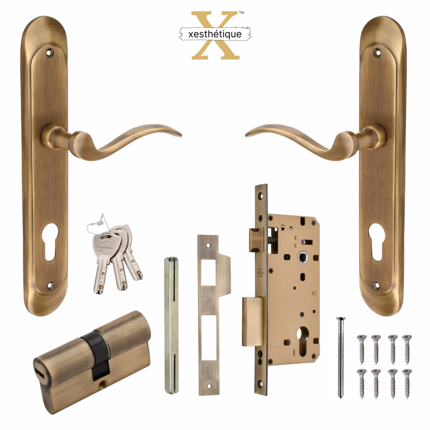 Xesthetique Premium Brass Mortise Door Lock Set – 10" Handle with Secure Both Side Ultra Key Cylinder ELE96