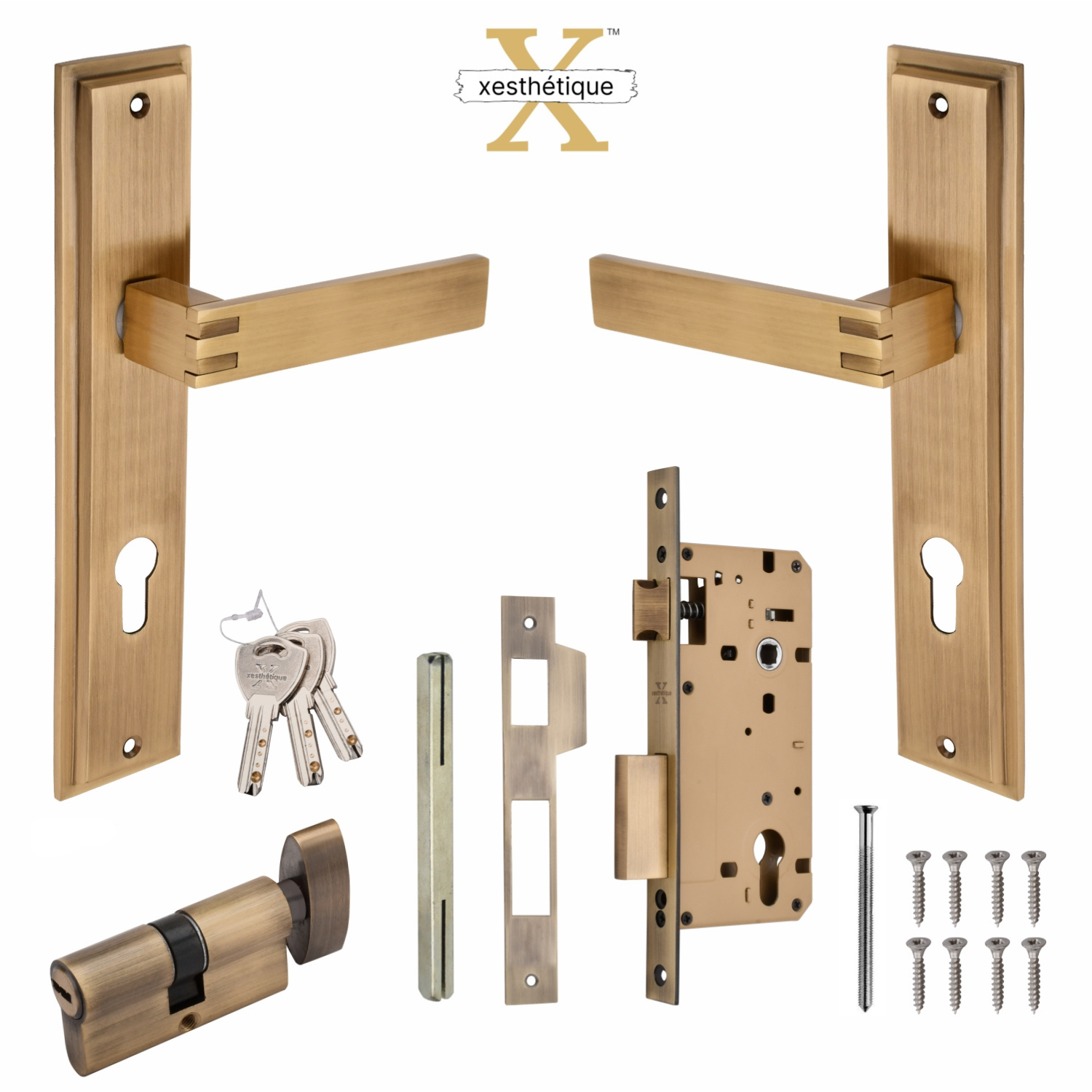 Xesthetique Premium Brass Mortise Door Lock Set – 10" Handle with Secure Both Side Ultra Key/One Side Nobe Ultra Key Cylinder SIL102