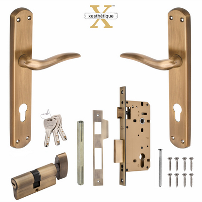 Xesthetique Premium Brass Mortise Door Lock Set – 10" Handle with Secure One Side Nobe Ultra Key Cylinder FAU108