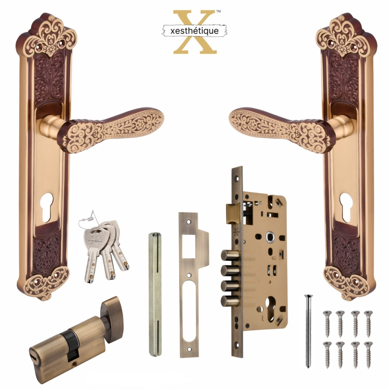 Xesthetique Vintage Brass Mortise Door Lock Set – 10" Handle with Secure 4 Bullet Lock Both Side Ultra Key/One Side Nobe Ultra Key Cylinder AP169