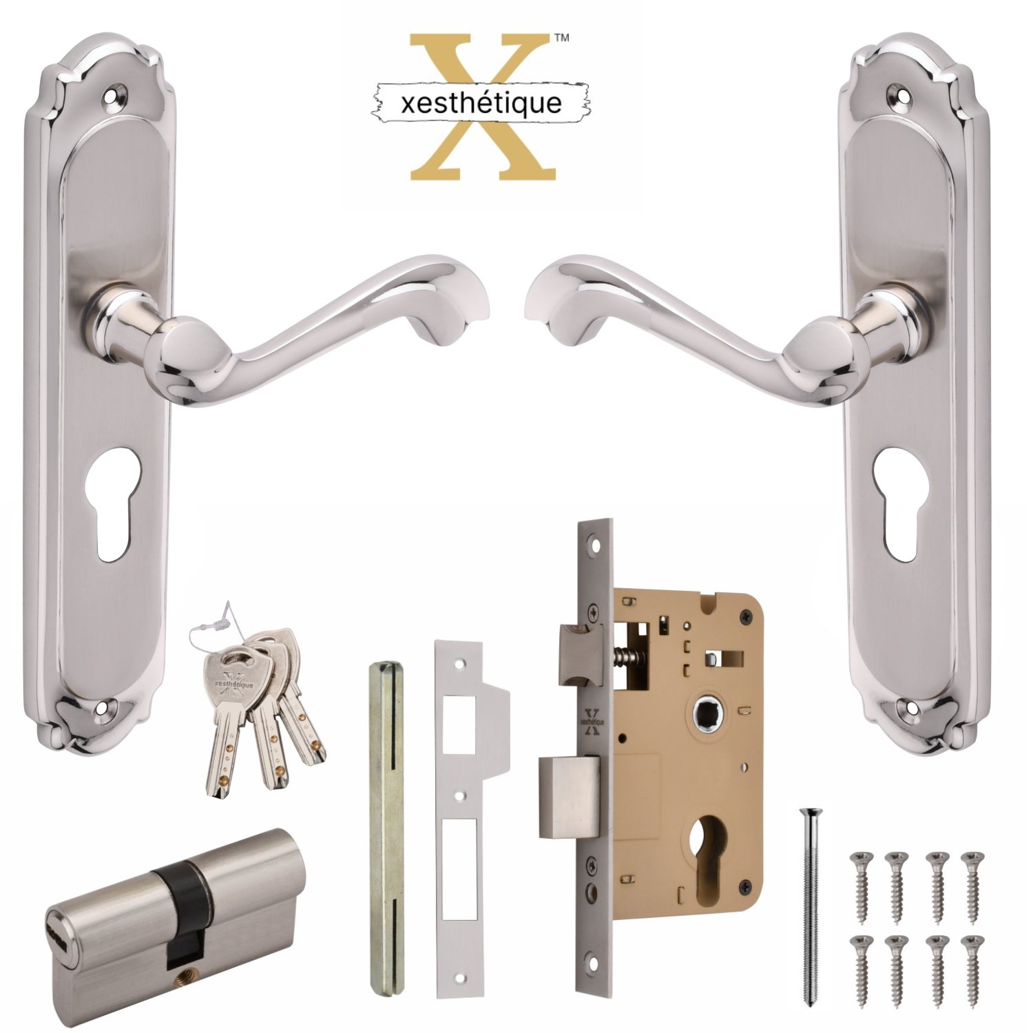 Xesthetique Premium Brass Mortise Door Lock Set – 8" Handle with Secure Both Side Key Cylinder THE185
