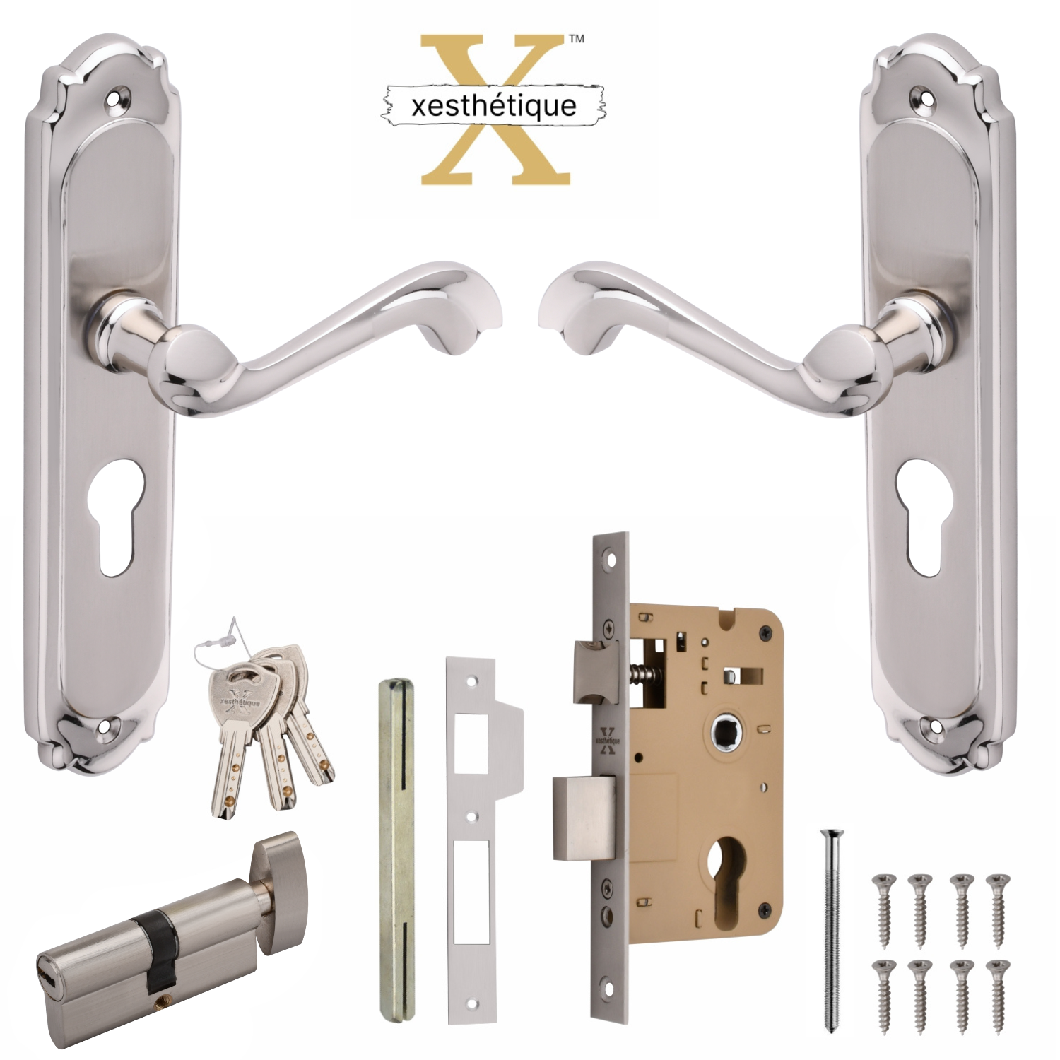 Xesthetique Premium Brass Mortise Door Lock Set – 8" Handle with Secure One Side Nobe Key Cylinder THE186