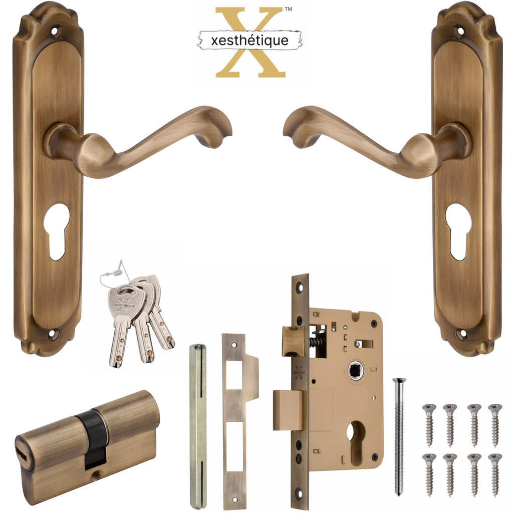 Xesthetique Premium Brass Mortise Door Lock Set – 8" Handle with Secure Both Side Key Cylinder THE185