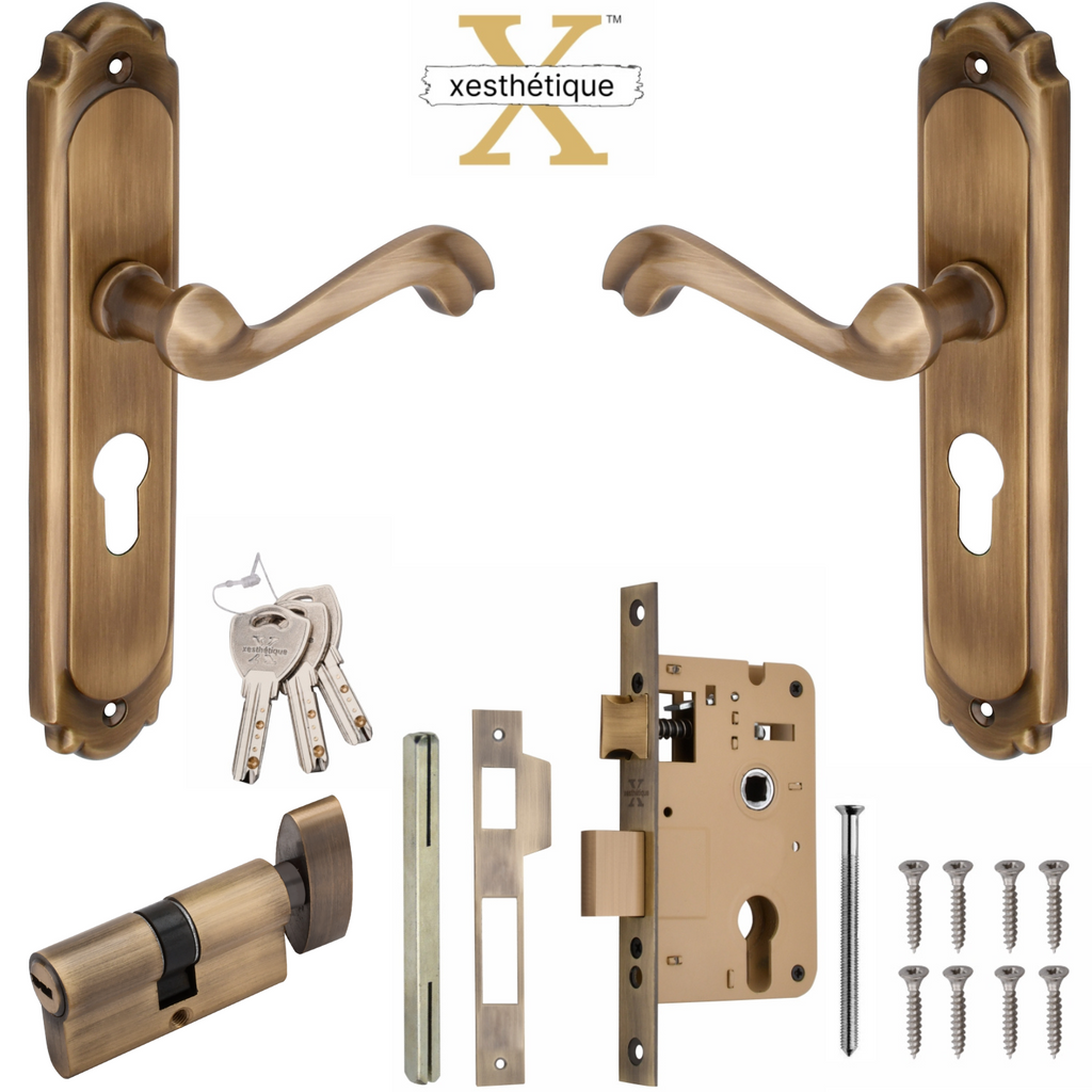 Xesthetique Premium Brass Mortise Door Lock Set – 8" Handle with Secure One Side Nobe Key Cylinder THE186