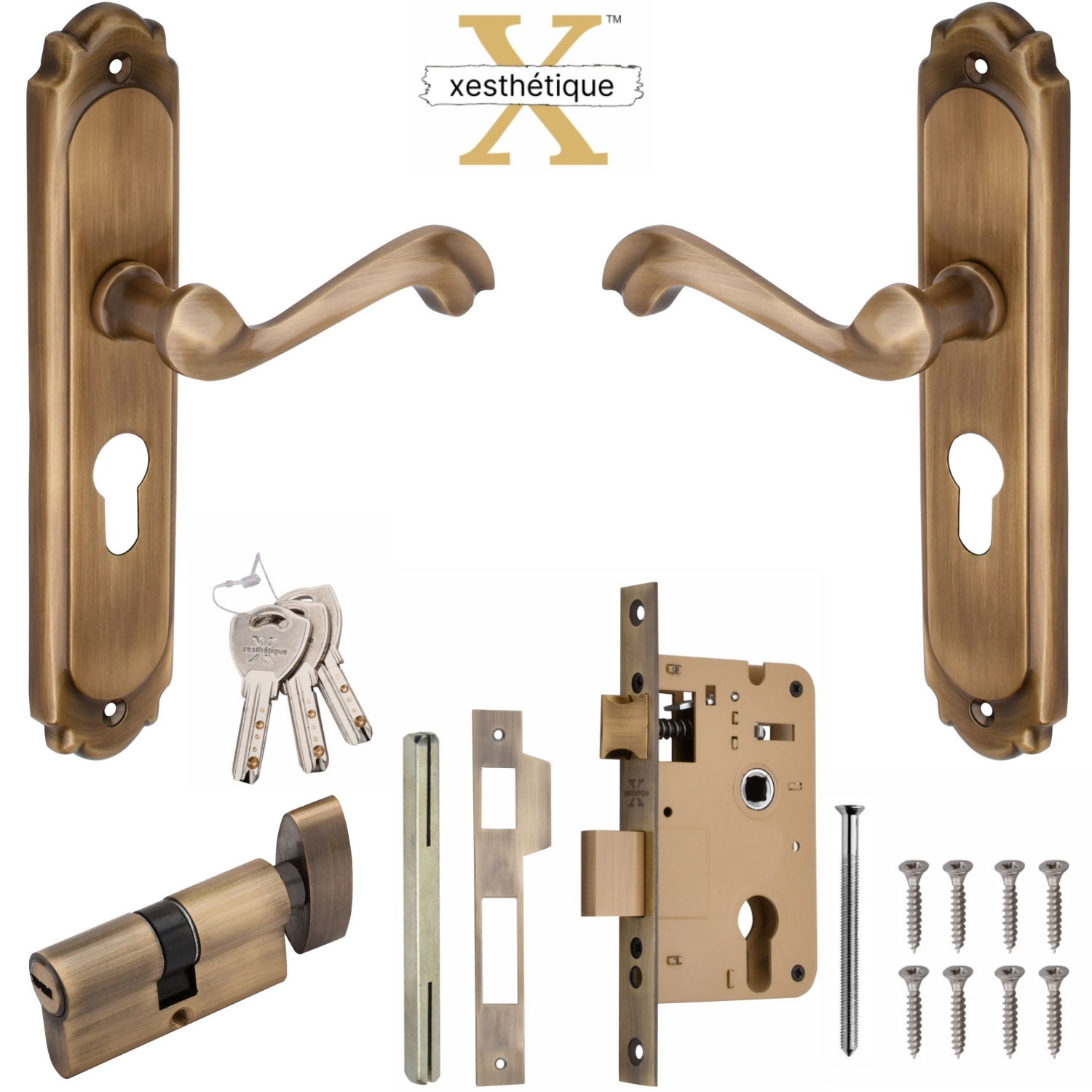 Xesthetique Premium Brass Mortise Door Lock Set – 8" Handle with Secure One Side Nobe Key Cylinder THE186