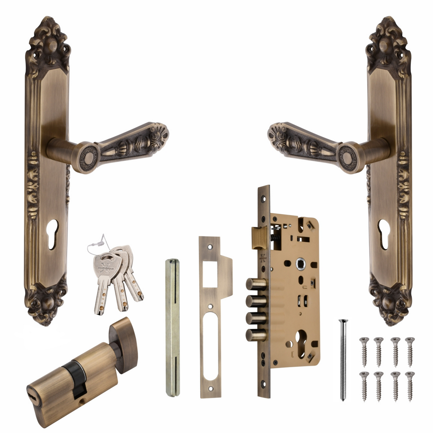 Xesthetique Vintage Brass Mortise Door Lock Set – 10" Handle with Secure 4 Bullet Lock One Side Nobe Ultra Key Cylinder AU66