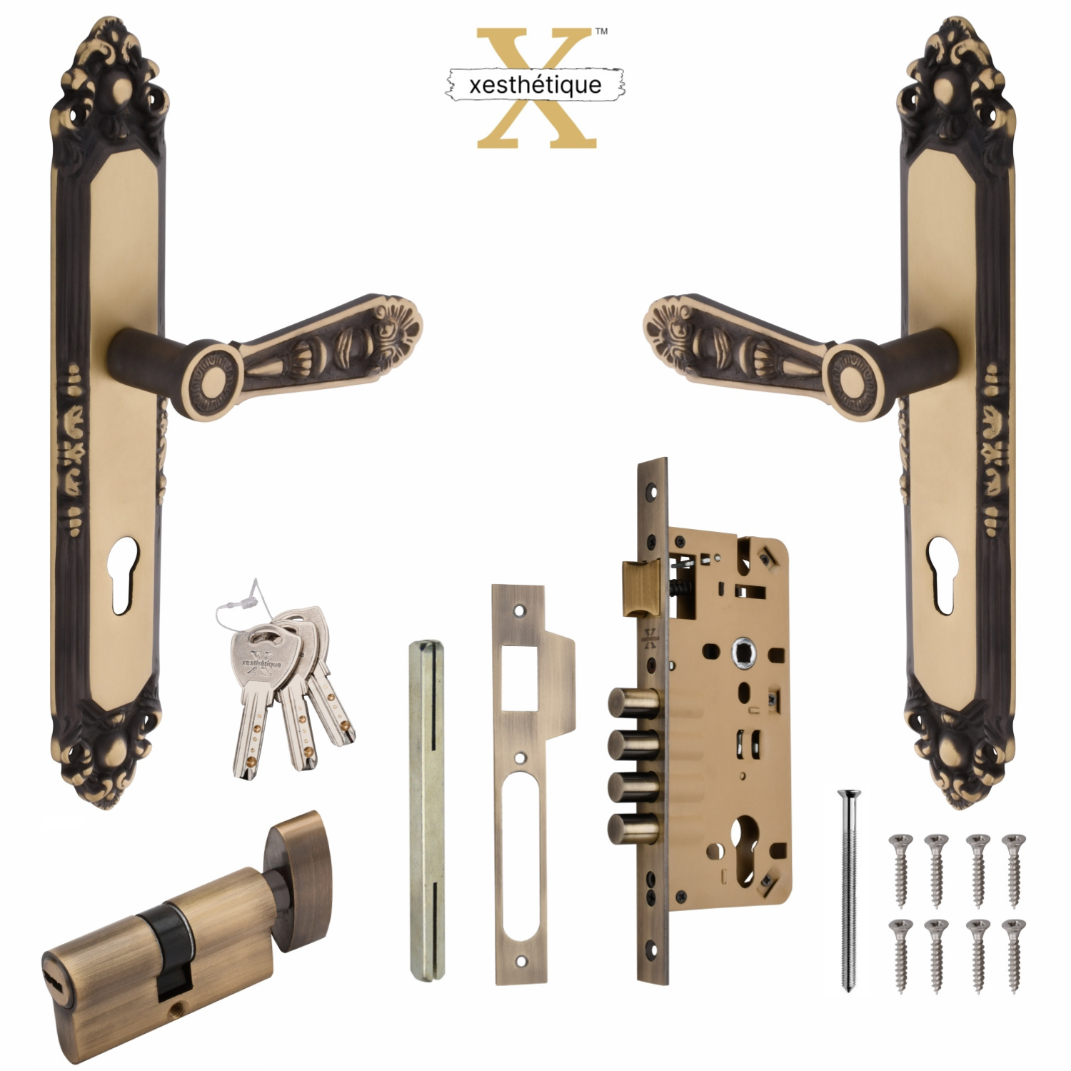 Xesthetique Vintage Brass Mortise Door Lock Set – 10" Handle with Secure 4 Bullet Lock One Side Nobe Ultra Key Cylinder AU66