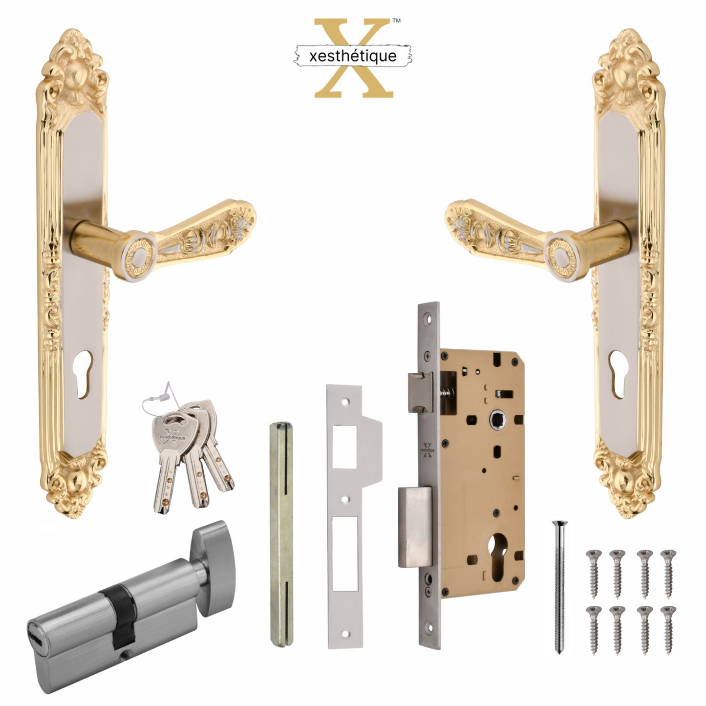 Xesthetique Vintage Brass Mortise Door Lock Set – 10" Handle with Secure Both Side Ultra Key/One Side Nobe Ultra Key Cylinder AU71