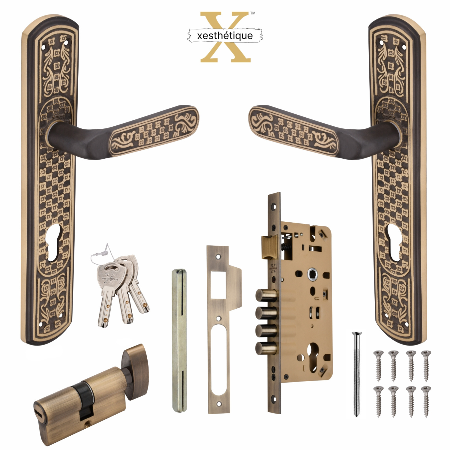 Xesthetique Vintage Brass Mortise Door Lock Set – 10" Handle with Secure 4 Bullet Lock One Side Nobe Ultra Key Cylinder BE78