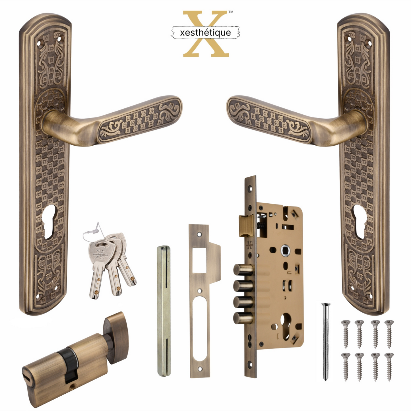 Xesthetique Vintage Brass Mortise Door Lock Set – 10" Handle with Secure 4 Bullet Lock One Side Nobe Ultra Key Cylinder BE78