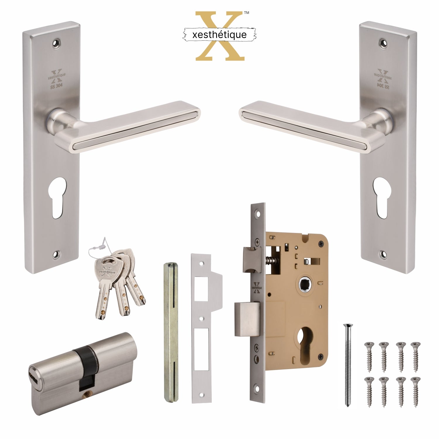 Xesthetique Morden S.S. 304 Mortise Door Lock Set – 8" Handle with Secure Both Side Key Cylinder VI05