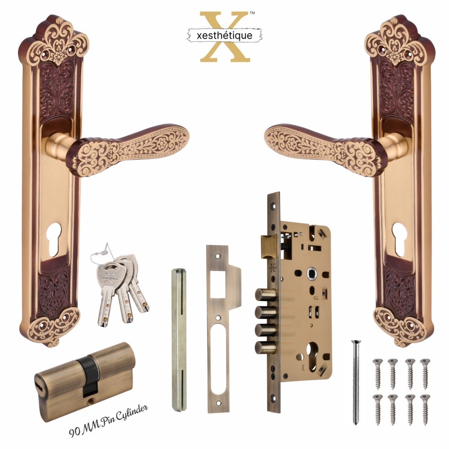Xesthetique Vintage Brass Mortise Door Lock Set – 10" Handle with Secure Both Side Ultra Key 70MM/90MM Pin Cylinder AP18