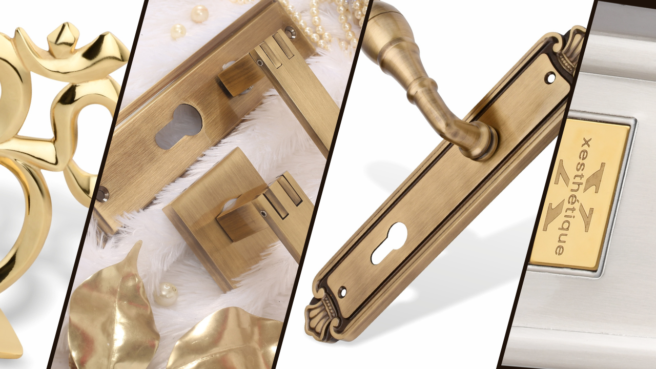 Gold door handles and lock on a white background